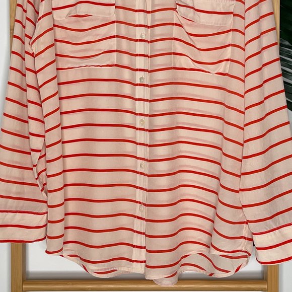 SOLD Equipment Femme Orange Striped Silk Shirt Blouse Top Size L Long Sleeve - Picture 4 of 12